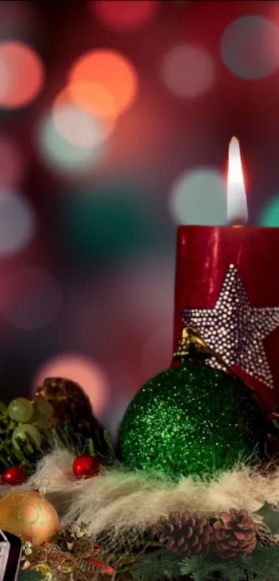 Festive holiday wallpaper with red candle and ornaments.