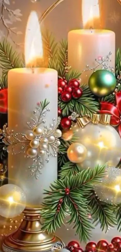 Festive candles and Christmas ornaments with greenery.