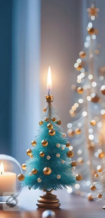 Miniature Christmas trees with candlelight on a cozy festive table.