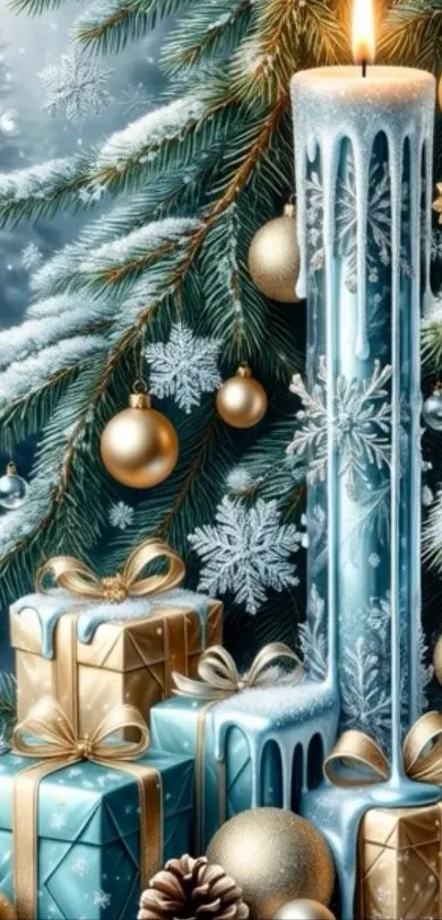 Festive candle and ornament decorations on a snowy pine backdrop.