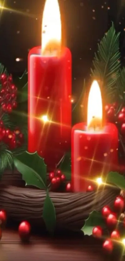 Festive red candles with green foliage and sparkling highlights.