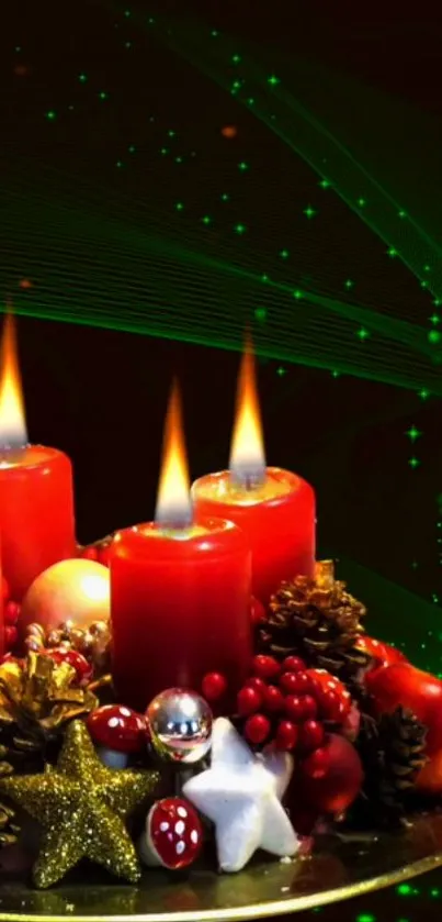 Festive red candles with ornaments and glowing lights.