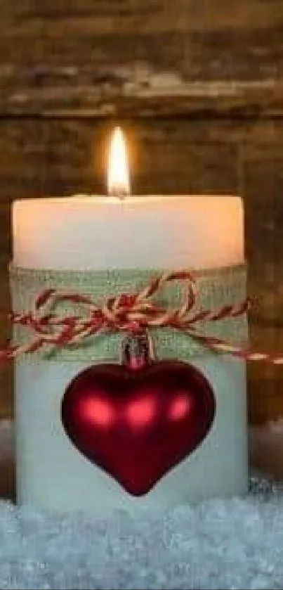 Decorative red and white candles with a rustic wooden background.