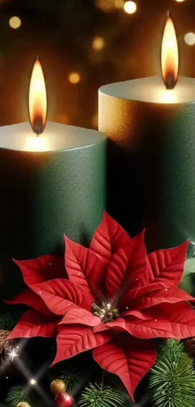 Festive green candles with poinsettias.