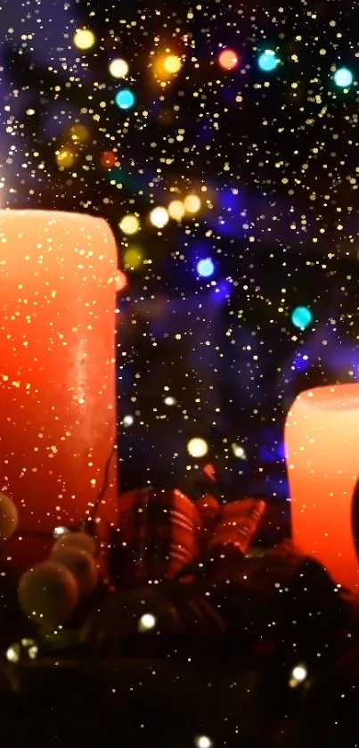 Festive candles with colorful bokeh lights and falling snowflakes.