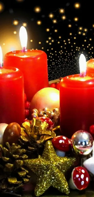 Festive red candles with holiday decorations create a warm glow.