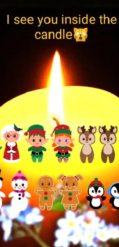 Festive candle with holiday characters and text overlay on a warm background.