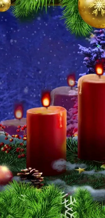 Christmas wallpaper with candles and ornaments.