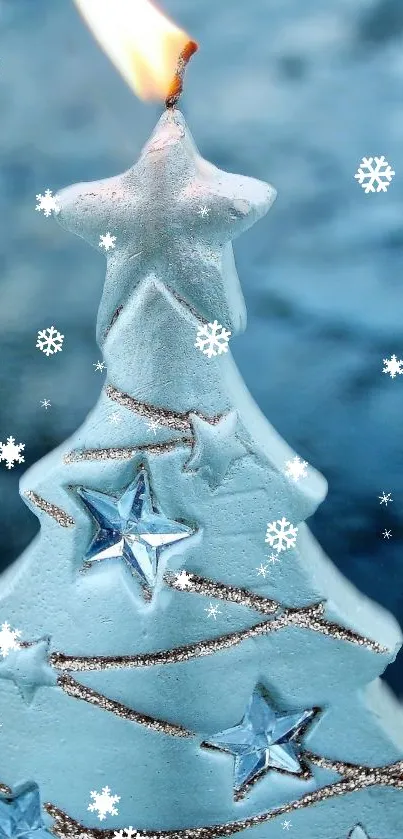 Christmas candle tree with snowy river background.