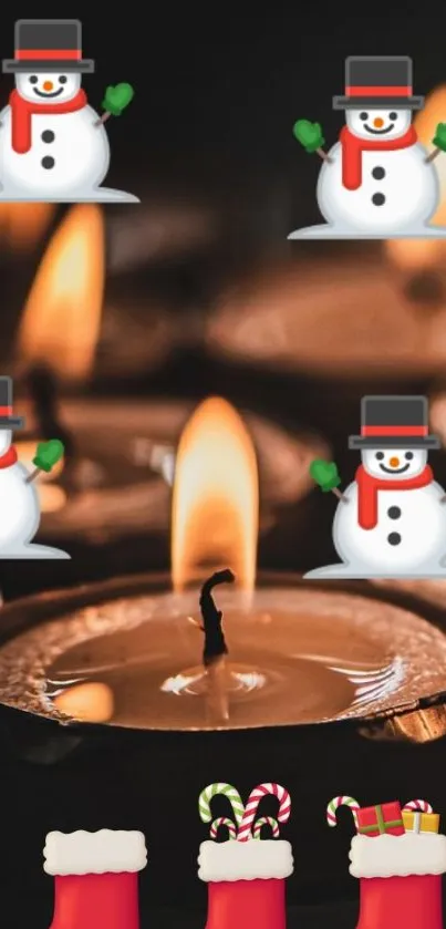 Festive wallpaper with candles and snowmen, perfect for Christmas.