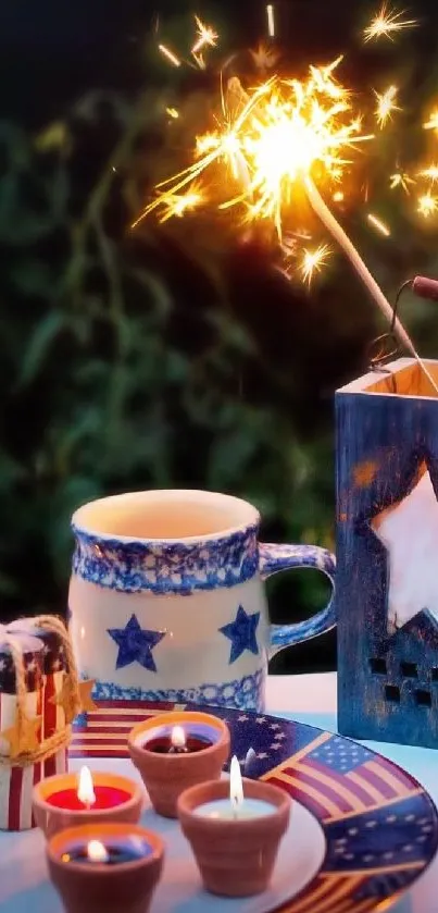 Festive table with candles and sparklers, featuring strawberries and star motifs.