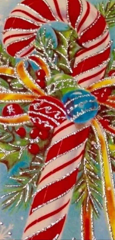 Festive candy cane with holly and ribbons on light blue background.