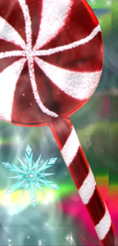 Vibrant wallpaper with candy cane and snowflake design.