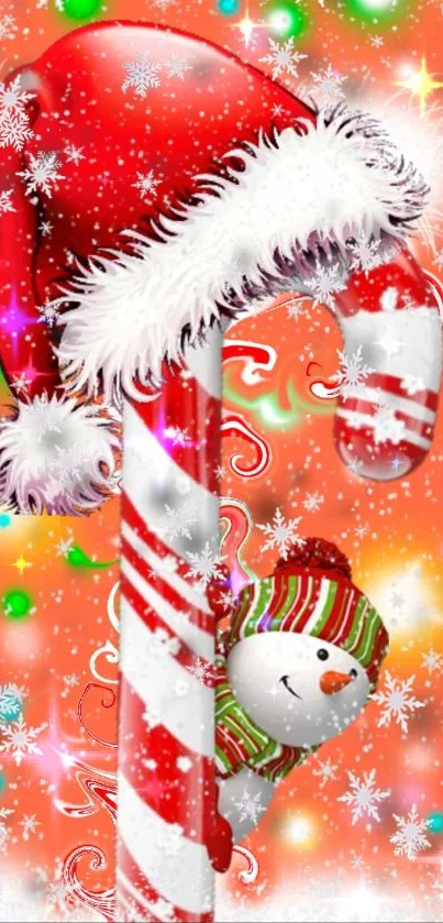 Festive candy cane wallpaper with snowman and holiday theme.