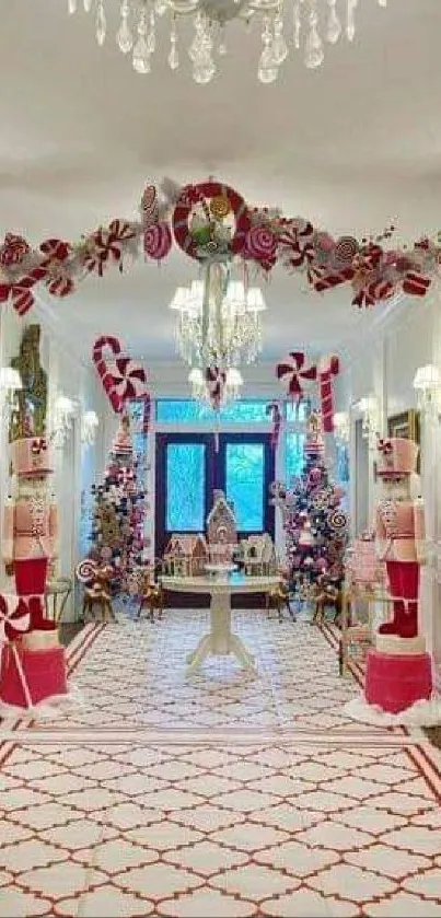 Festive hallway with candy cane decorations and vibrant holiday decor.