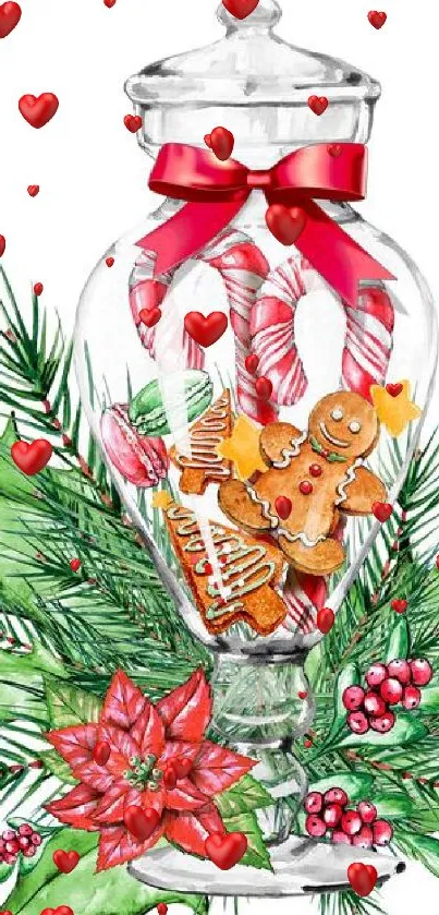 Festive mobile wallpaper with candy canes and gingerbread in a holiday jar.