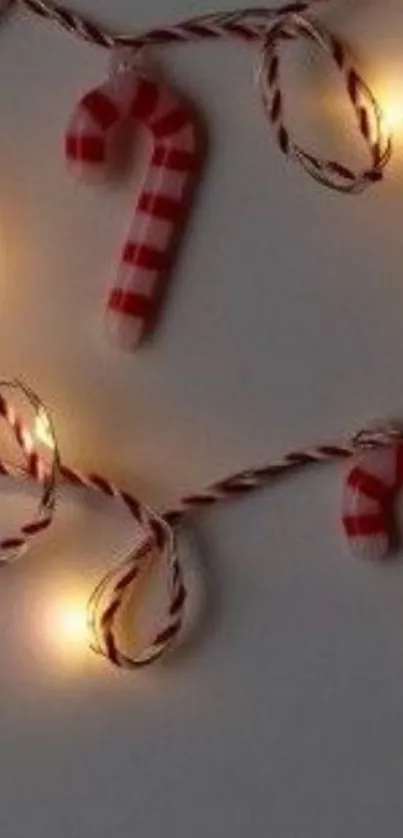 Candy cane lights on a white background with glowing bulbs for a festive feel.