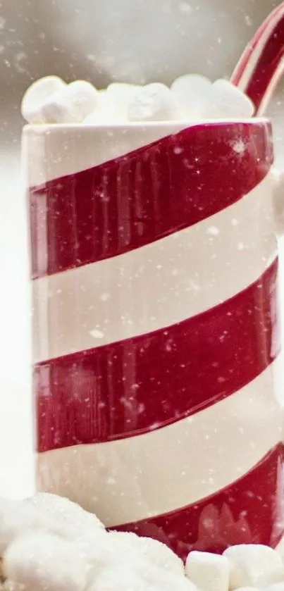 Peppermint candy cane mug with snowflakes.