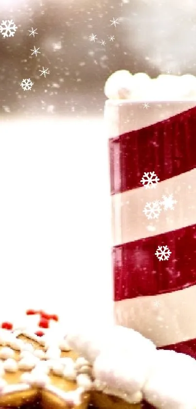 Festive candy cane striped mug with marshmallows and snow.