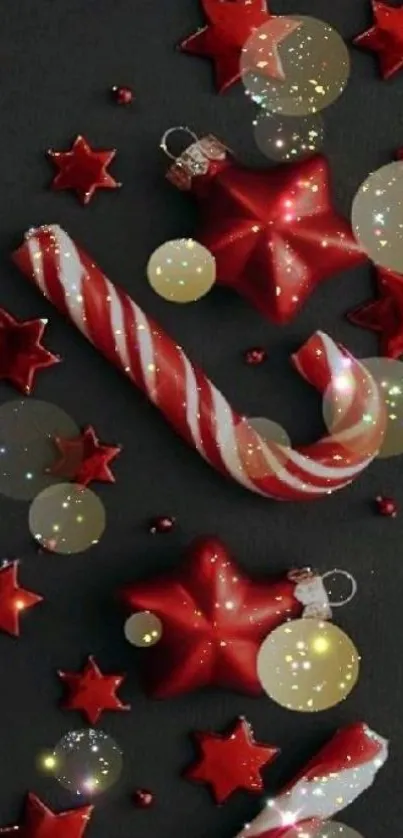 Festive wallpaper with candy canes and red stars.