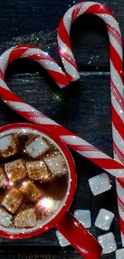 Hot chocolate and candy canes on dark background.