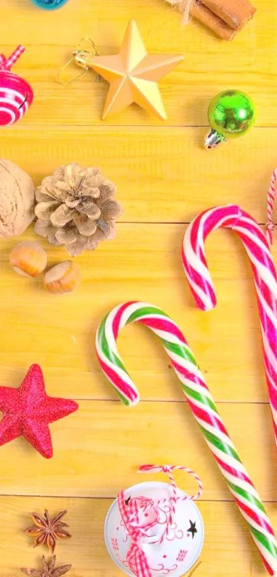 Festive wallpaper with candy canes, stars, and ornaments.