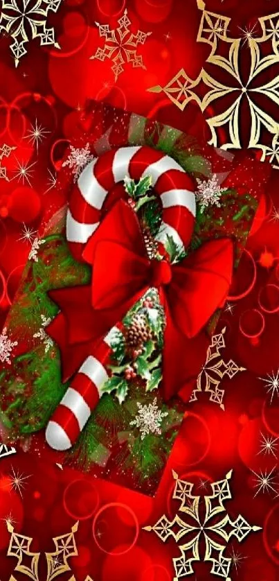 Festive red wallpaper with candy cane and snowflakes.