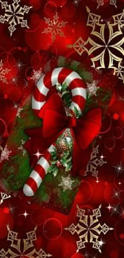 Festive holiday wallpaper with red, green, and gold colors featuring candy canes.