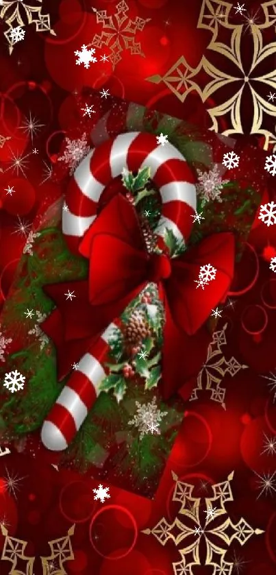 Red holiday wallpaper with candy cane and snowflakes.