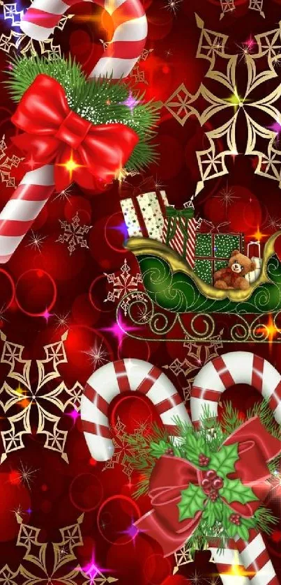 Festive wallpaper with candy canes and gold snowflakes.