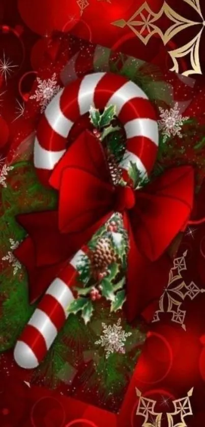 Festive candy cane mobile wallpaper with Christmas decorations.