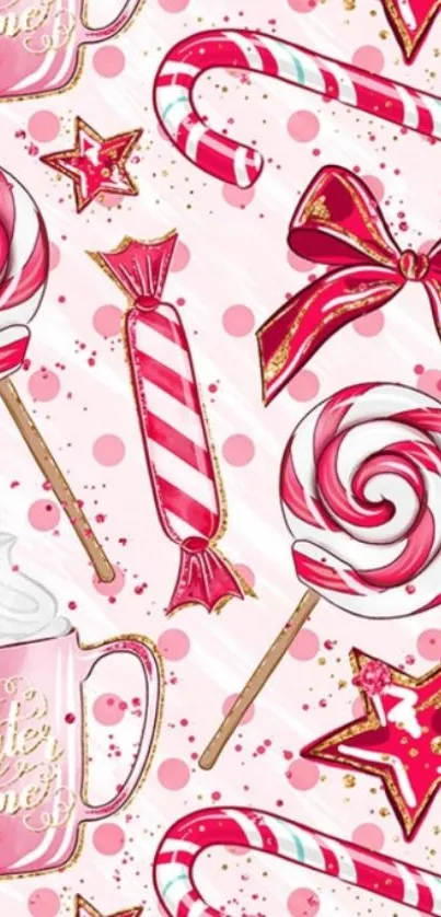 Festive pink candy-themed wallpaper with sweets and stars.