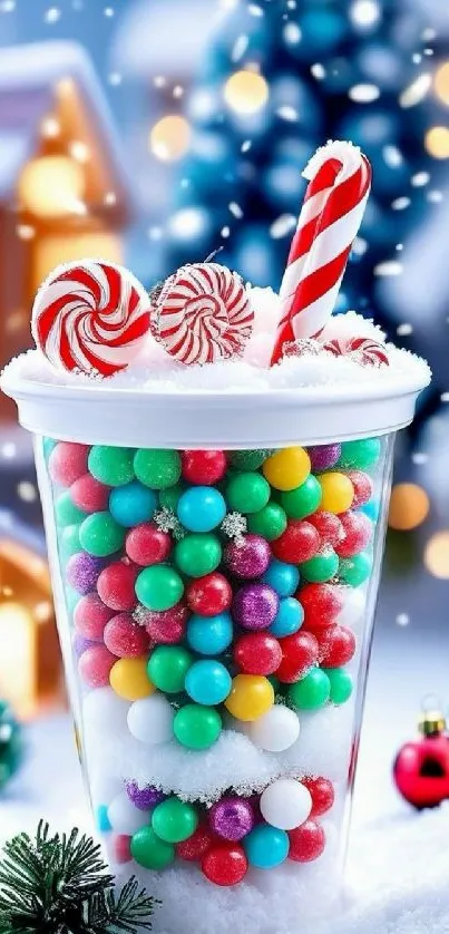 Colorful gumball drink with candy canes in snowy background