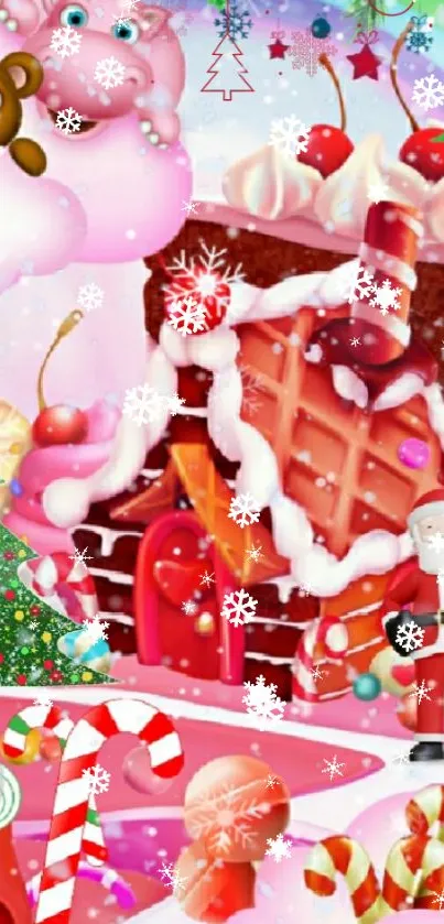 Christmas candy scene with Santa and gingerbread house.