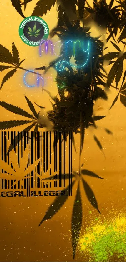 Festive cannabis-themed wallpaper with neon lights and leaf design.
