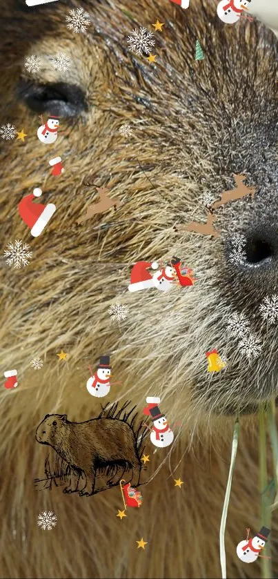 Close-up of capybara with festive holiday decorations.