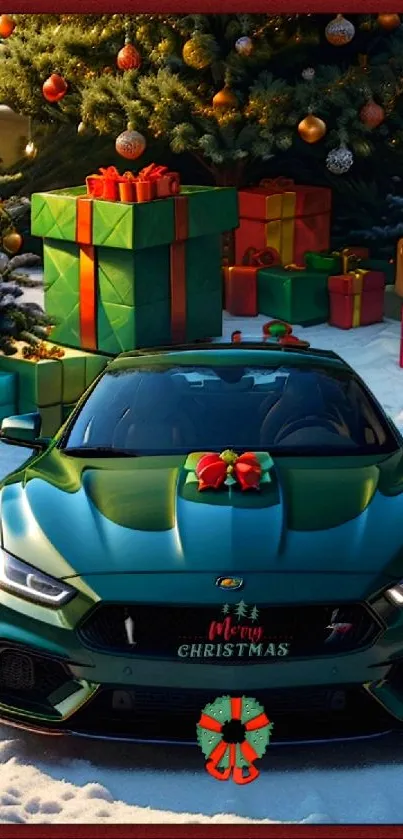 Green car amidst Christmas gifts and snow.