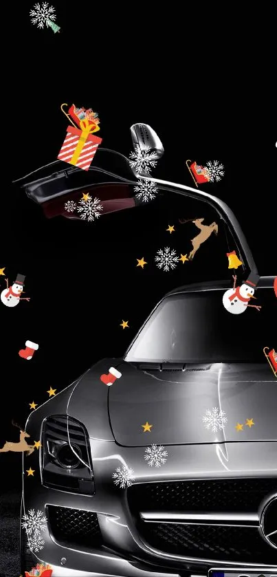 Christmas themed car with festive elements like snowflakes and Santa hats.