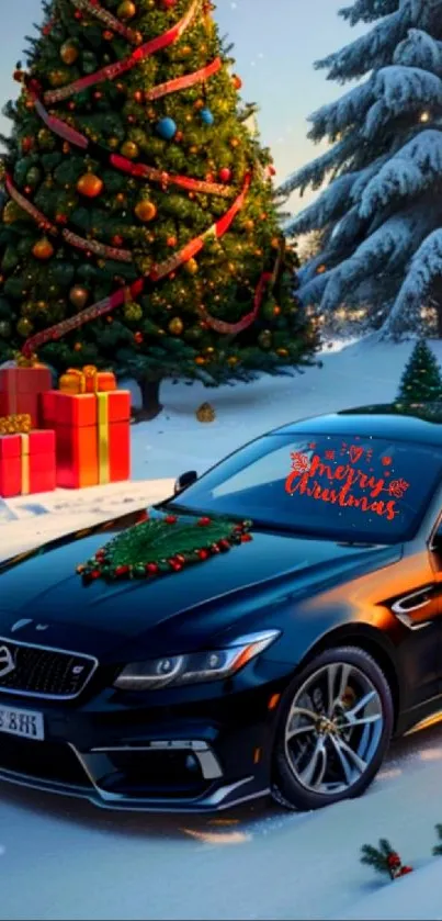 Black car with Christmas decor in snowy landscape.