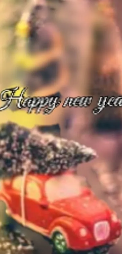 Festive New Year wallpaper with red car and tree.