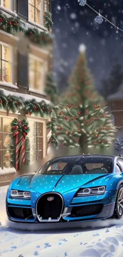 Blue car parked in festive snowy winter scene.