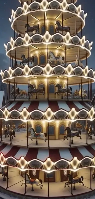 Illuminated carousel in snowy night scene with decorative lights.