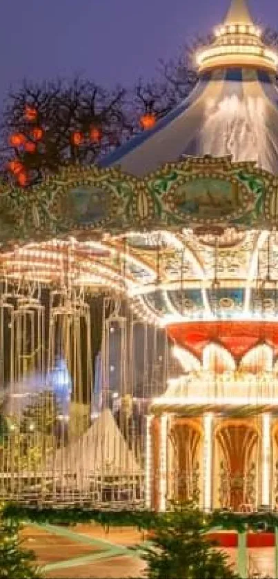 Festive carousel in a vibrant Christmas market scene.