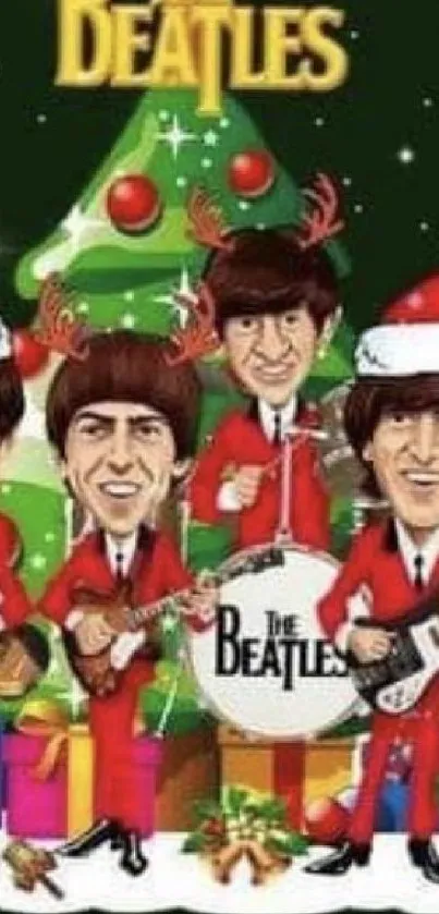 Cartoon band in Christmas attire with festive decorations.