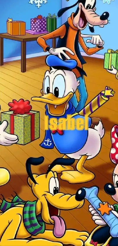 Cartoon characters celebrating with gifts.
