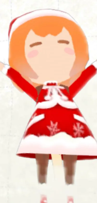 Cartoon character in red festive outfit with snowflakes, arms outstretched.