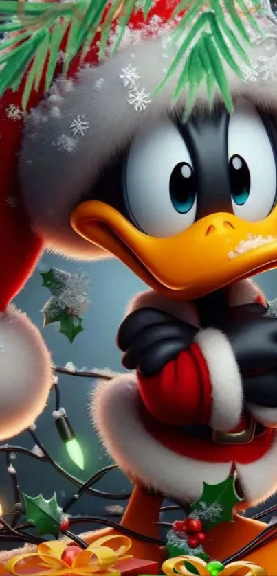 Cartoon character in Santa hat with Christmas decorations.