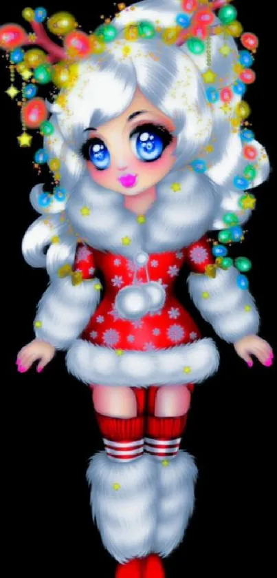 Festive cartoon character in a colorful winter outfit with decorations.