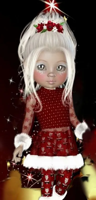 Festive cartoon character with red and white outfit on a dark background.