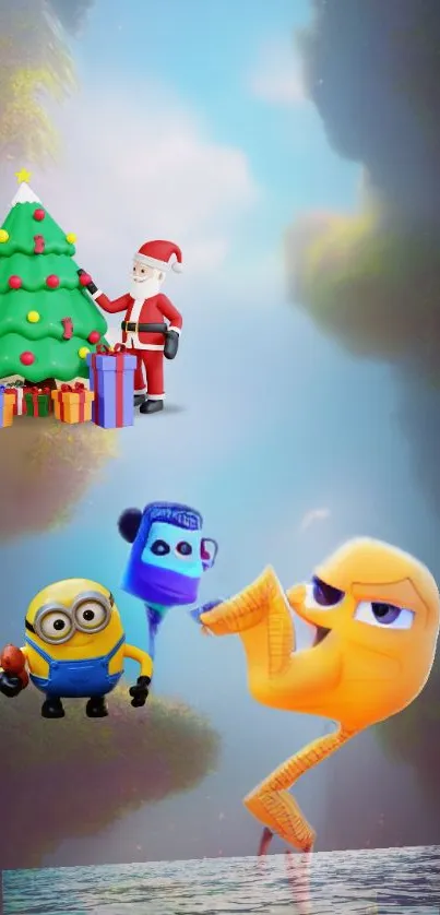 Festive cartoon characters with Christmas tree in background.